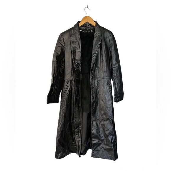 Sears Black Vintage Long Leather Coat Small - Picture 3 of 15
